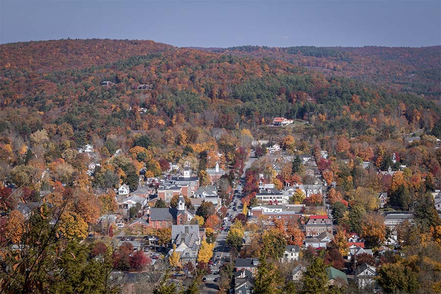 Washington PA - Aerial View of the Town of Washington Pennsylvania Surrounded by Colorful Fall Foliage on a Sunny Day